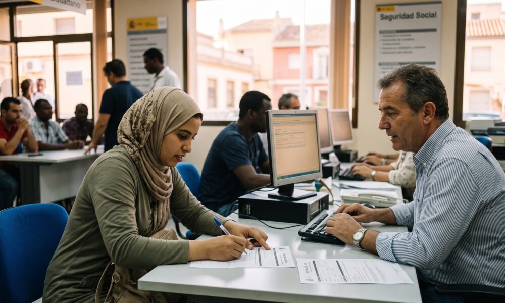 A 4:3 photorealistic editorial photograph taken inside a busy Spanish Social Security office in the Valencian Community, near Torrevieja. A young woman of North African or Middle Eastern descent, wearing a hijab and a green tunic, is seated at a desk and actively engaged in a conversation while filling out an official form with a pen, assisted by a mature Spanish male official with a kind expression. Both are looking at the document. In the bustling background, other diverse people are waiting at desks and in queue, and through large windows, a typical sunlit street of a Spanish town is visible. Natural light fills the functional government office, which has signs in Spanish (such as 'Seguridad Social' and 'Atención al Ciudadano') on the wall. The atmosphere is professional, optimistic, and focused on integration and regularisation. The depth of field is shallow, highlighting the foreground interaction and the multicultural workforce. The photograph is shot on location for a high-end publication, with an authentic, candid feel.