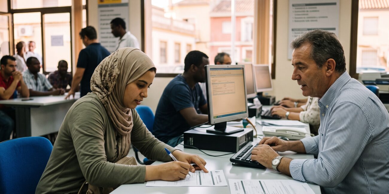 A 4:3 photorealistic editorial photograph taken inside a busy Spanish Social Security office in the Valencian Community, near Torrevieja. A young woman of North African or Middle Eastern descent, wearing a hijab and a green tunic, is seated at a desk and actively engaged in a conversation while filling out an official form with a pen, assisted by a mature Spanish male official with a kind expression. Both are looking at the document. In the bustling background, other diverse people are waiting at desks and in queue, and through large windows, a typical sunlit street of a Spanish town is visible. Natural light fills the functional government office, which has signs in Spanish (such as 'Seguridad Social' and 'Atención al Ciudadano') on the wall. The atmosphere is professional, optimistic, and focused on integration and regularisation. The depth of field is shallow, highlighting the foreground interaction and the multicultural workforce. The photograph is shot on location for a high-end publication, with an authentic, candid feel.