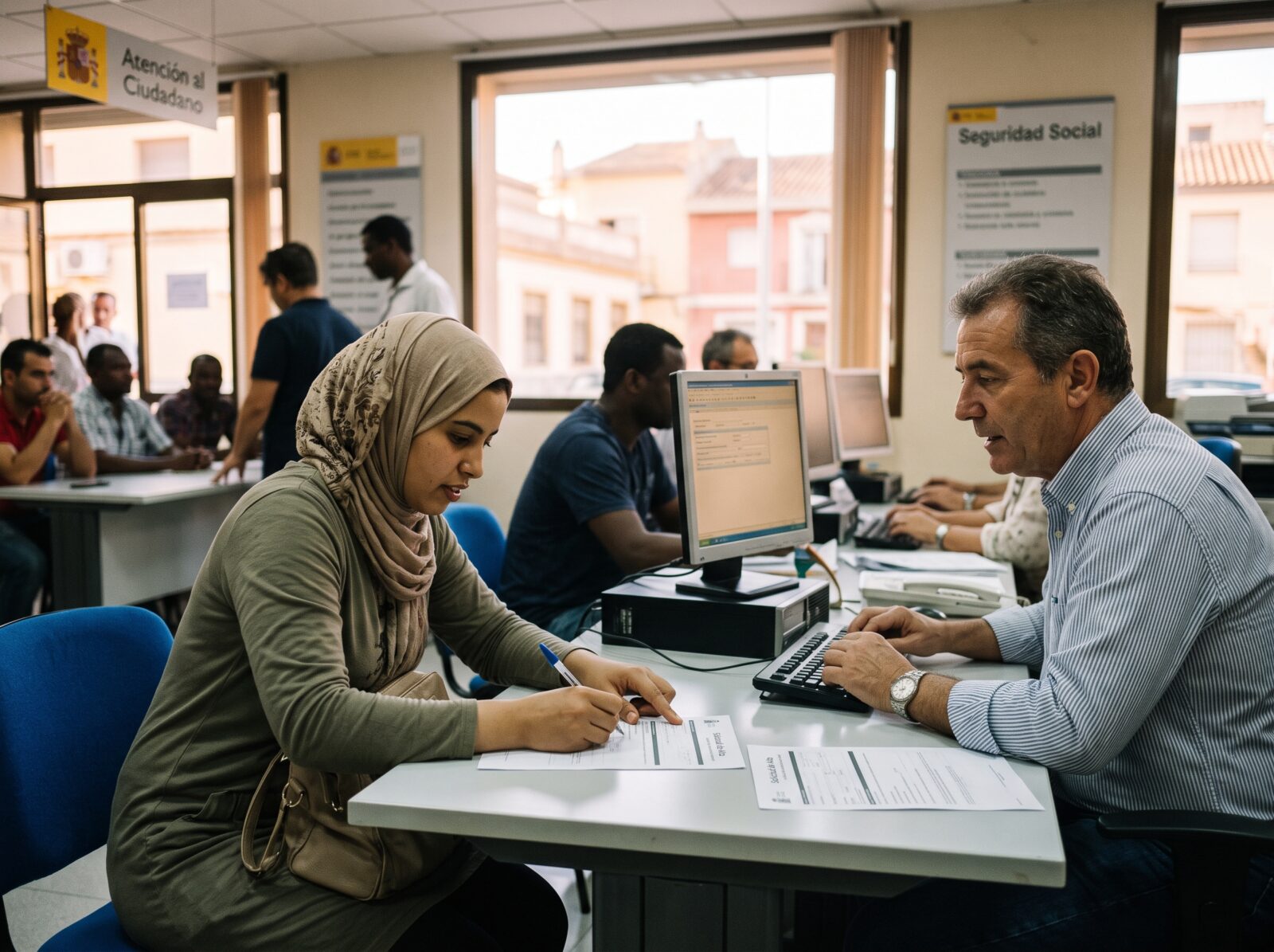 A 4:3 photorealistic editorial photograph taken inside a busy Spanish Social Security office in the Valencian Community, near Torrevieja. A young woman of North African or Middle Eastern descent, wearing a hijab and a green tunic, is seated at a desk and actively engaged in a conversation while filling out an official form with a pen, assisted by a mature Spanish male official with a kind expression. Both are looking at the document. In the bustling background, other diverse people are waiting at desks and in queue, and through large windows, a typical sunlit street of a Spanish town is visible. Natural light fills the functional government office, which has signs in Spanish (such as 'Seguridad Social' and 'Atención al Ciudadano') on the wall. The atmosphere is professional, optimistic, and focused on integration and regularisation. The depth of field is shallow, highlighting the foreground interaction and the multicultural workforce. The photograph is shot on location for a high-end publication, with an authentic, candid feel.