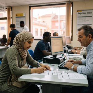 A 4:3 photorealistic editorial photograph taken inside a busy Spanish Social Security office in the Valencian Community, near Torrevieja. A young woman of North African or Middle Eastern descent, wearing a hijab and a green tunic, is seated at a desk and actively engaged in a conversation while filling out an official form with a pen, assisted by a mature Spanish male official with a kind expression. Both are looking at the document. In the bustling background, other diverse people are waiting at desks and in queue, and through large windows, a typical sunlit street of a Spanish town is visible. Natural light fills the functional government office, which has signs in Spanish (such as 'Seguridad Social' and 'Atención al Ciudadano') on the wall. The atmosphere is professional, optimistic, and focused on integration and regularisation. The depth of field is shallow, highlighting the foreground interaction and the multicultural workforce. The photograph is shot on location for a high-end publication, with an authentic, candid feel.