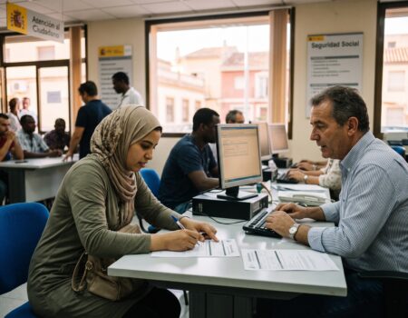 A 4:3 photorealistic editorial photograph taken inside a busy Spanish Social Security office in the Valencian Community, near Torrevieja. A young woman of North African or Middle Eastern descent, wearing a hijab and a green tunic, is seated at a desk and actively engaged in a conversation while filling out an official form with a pen, assisted by a mature Spanish male official with a kind expression. Both are looking at the document. In the bustling background, other diverse people are waiting at desks and in queue, and through large windows, a typical sunlit street of a Spanish town is visible. Natural light fills the functional government office, which has signs in Spanish (such as 'Seguridad Social' and 'Atención al Ciudadano') on the wall. The atmosphere is professional, optimistic, and focused on integration and regularisation. The depth of field is shallow, highlighting the foreground interaction and the multicultural workforce. The photograph is shot on location for a high-end publication, with an authentic, candid feel.