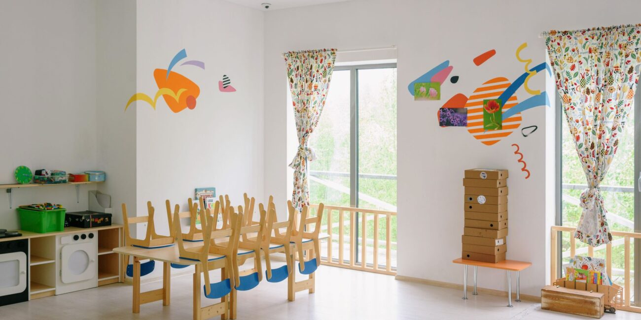 blue and brown wooden chairs in the room