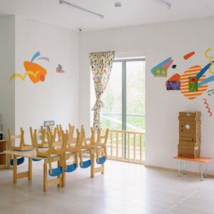blue and brown wooden chairs in the room