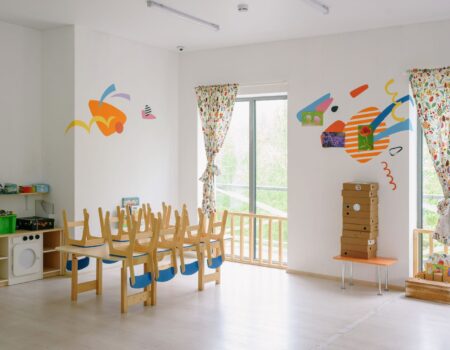 blue and brown wooden chairs in the room